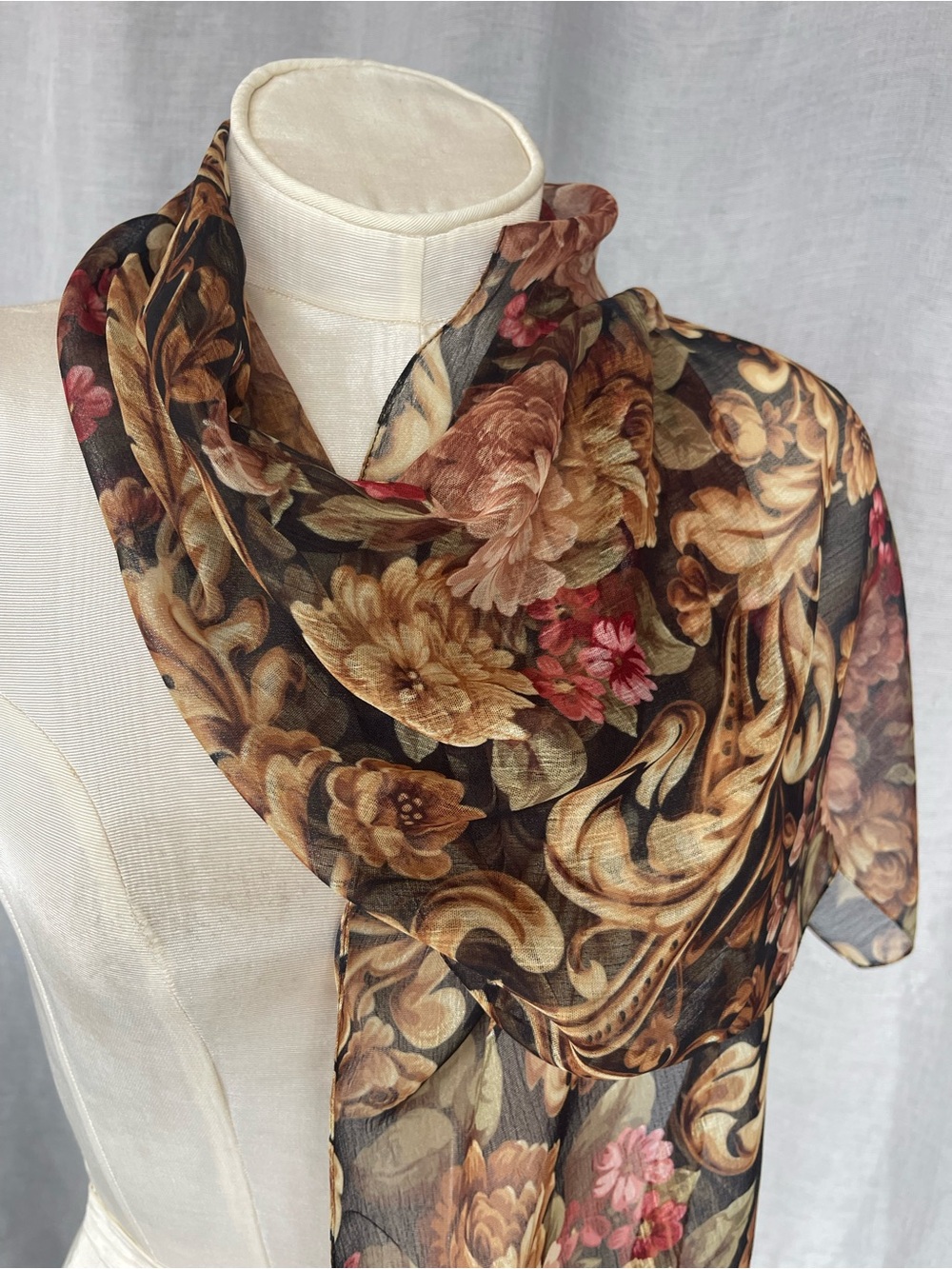 Floral Sheer Scarf in Black with Brown and Pink Accents Made in Italy.